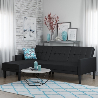 Atwater Living Henri Small Space Sectional Futon Black Faux Leather, Black, rollover